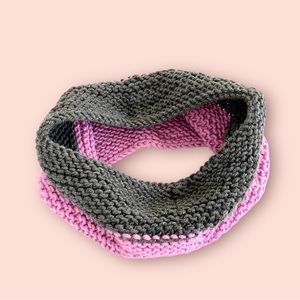Children’s Hand Knit Pink and Gray Round Scarf Girls Age 6-9 Handmade Microfiber